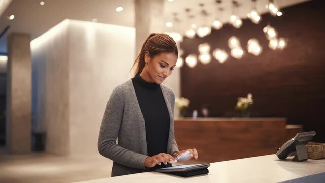 Medium shot of a receptionist using a digital visitor management system to quickly register guests entering a modern office lobby