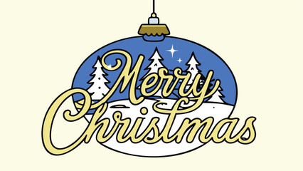 Festive merry christmas greeting inside a blue ornament with snowy trees and stars on a light background