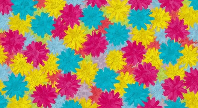 A vibrant and colorful abstract pattern of fluffy, star-shaped flowers in bright pink, yellow, and turquoise hues.