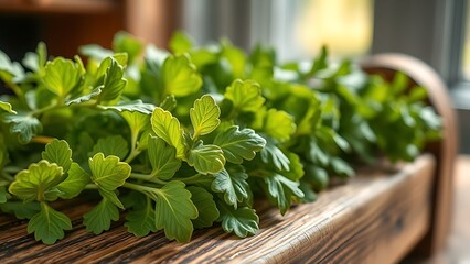 tolerable. Close-up of dried lovage leaves on a wooden rack with natural morning light. gardening catalogs, home-decor guides, designed for home decor and floral branding, used by sports marketers.