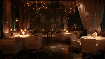 Cinematic Camera Walk Through of an Ultra Modern Dinner Setting in a Luxurious Restaurant, Showcasing Elegant Interiors, Gourmet Cuisine, Ambient Lighting, and Sophisticated Contemporary Design