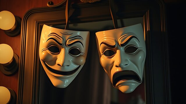 oriflamme. Comedy and tragedy masks hanging before a vintage dressing room mirror in a dim backstage setting. event programs.