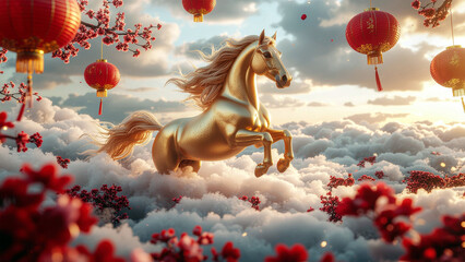 Naklejka premium Majestic Golden Horse Galloping Through Clouds Amidst Festive Chinese Decorations