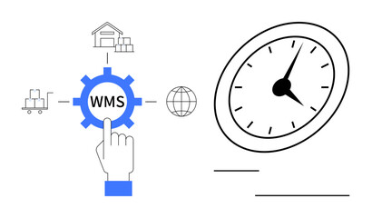 Hand pointing at WMS gear with warehouse, parcels, globe, and clock. Ideal for logistics, supply chain, warehouse efficiency, inventory time management technology and productivity concepts. Simple