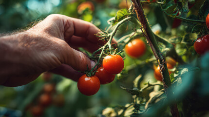 hand picking fresh tomato from vine in natural light