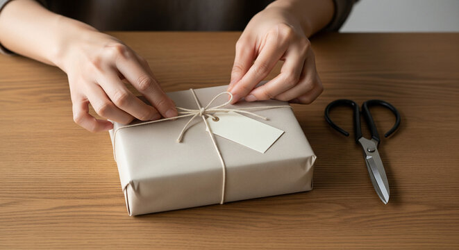 Japanese hands wrapping a gift with plain paper and cotton string on a wood table; natural texture