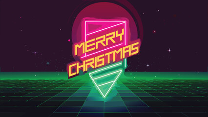 Retro futuristic neon merry christmas greeting with grid landscape and starry night sky