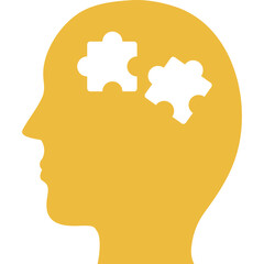 Yellow Silhouette Head with White Puzzle Pieces Inside Brain Area Representing Thoughts and Ideas