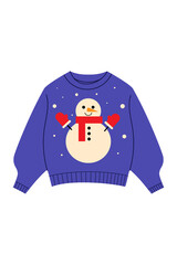 Fun purple, blue Christmas sweater PNG with snowman design, snowflakes and winter cozy vibes. Perfect holiday art for seasonal cards, decor, gift tags, festive design. Isolated high resolution PNG