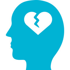 Teal Silhouette Head Profile With Broken Heart Symbol Inside Representing Sadness and Mental Health Issues Against a Transparent Background