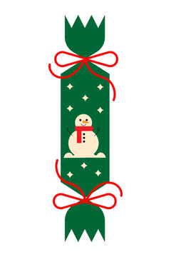 Green Christmas cracker illustration with red ribbon bows and cute snowman with stars. Festive, winter holiday png. Perfect for Xmas party decor, Christmas social posts, TikTok/IG reels overlays.