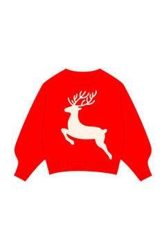 Red Christmas sweater with white leaping reindeer silhouette design. Festive holiday pullover with ribbed cuffs for winter celebrations, ugly sweater parties and winter designs. High-res isolated PNG 