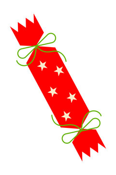 Red Christmas cracker illustration with green ribbon bows and cute star pattern. Festive, winter holiday PNG. Perfect for Xmas party decor, Christmas social posts, TikTok, IG reels overlays. High-res 