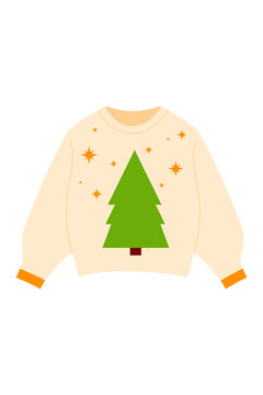Beige Christmas jumper with Christmas tree and stars. Festive holiday pullover for winter celebrations, ugly sweater parties, Xmas branding, stickers, cozy winter designs. Isolated, high-res PNG
