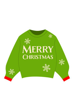 Cute green ugly Christmas sweater PNG with snowflakes and Merry Christmas text. Perfect festive winter holiday clipart for cards, t-shirts, stickers, crafts, sublimation and digital design. High-res