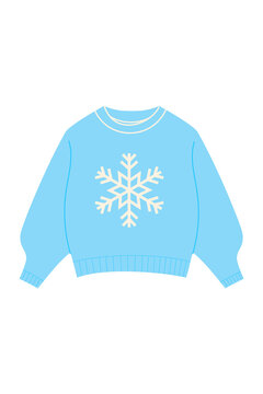 Light blue winter sweater with white geometric snowflake design. Festive holiday pullover with long sleeves for Christmas celebrations, winter parties, and cold weather fashion. High resolution PNG