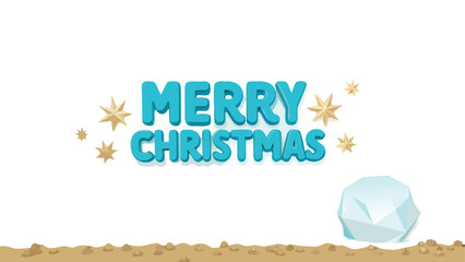 Festive merry christmas greeting with sparkling stars and a snowball on a sandy ground