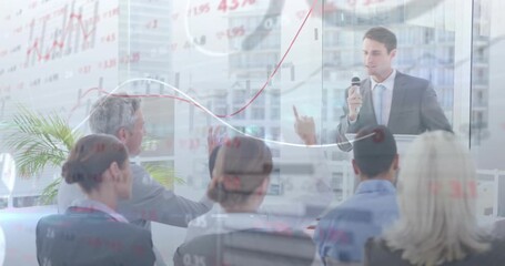 Presenter with mic and tablet, answering raised hands while finance charts animate across room - Powered by Adobe