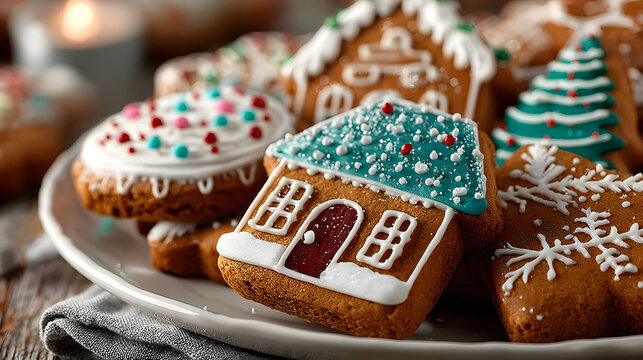 close-up of a plate of freshly baked gingerbread cookies decorated with festive colorful icing, Christmas treats