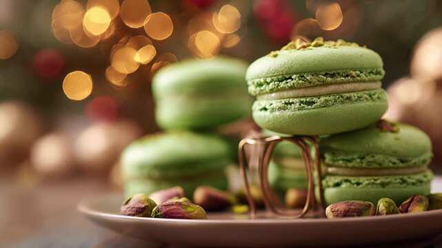 Woman's hand takes a pistachio macaron stacked