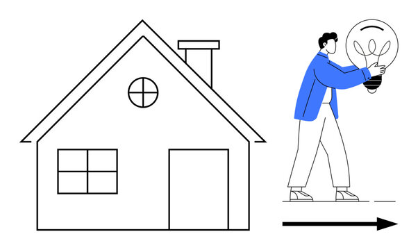 Person holding large light bulb walking towards house. Ideal for energy efficiency, sustainability, green living, innovation, eco-friendly concepts, renewable energy, simple flat metaphor