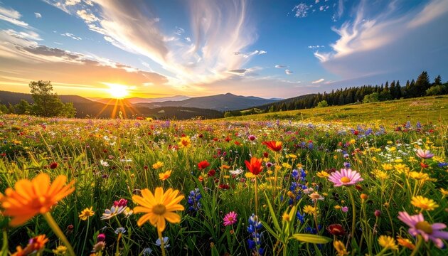 Vibrant wildflower meadow at sunset with rolling hills and dramatic clouds in the sky