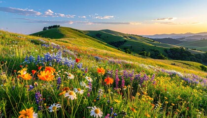 Fototapeta premium Vibrant Wildflower Meadow Under Golden Hour Sunlight With Rolling Hills and Distant Hazy Mountains