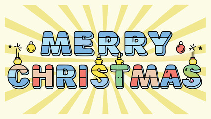 Festive merry christmas text with colorful decorations and sunburst background