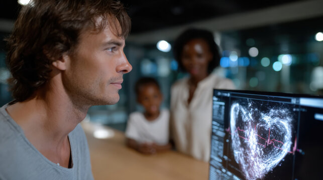A man intently observes heart data displayed on a futuristic screen, conveying a sense of contemplation and concern for health in a tech-driven world.