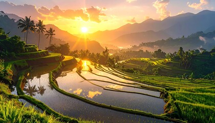 A scenic sunrise bathes terraced rice paddies in golden light, reflecting the sky. Lush green fields cascade down slopes toward mountains