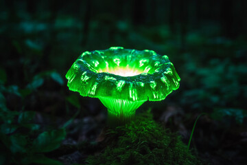 A neon-green mushroom ring pulsing with magical energy in the dark woods  