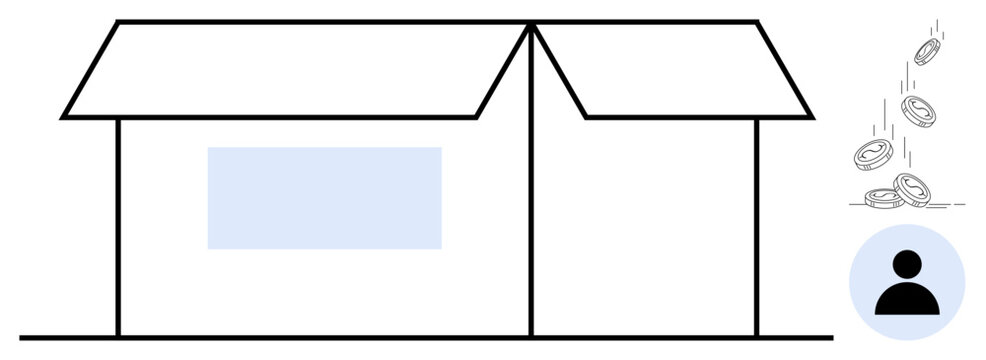Basic house outline with window, coins falling, and user icon signifying financing, real estate, housing affordability, savings, investment, budgeting, property value simple flat metaphor