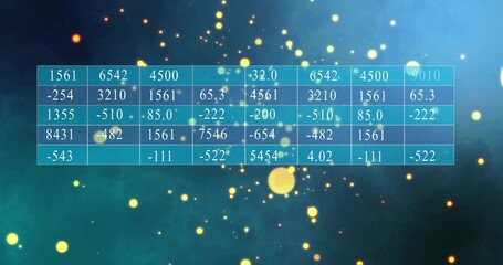 Numeric grid appearing over teal nebula orbs drifting through grid partly hiding cells showing data - Powered by Adobe