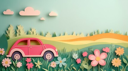 Fototapeta premium Papercraft car drives through a whimsical, blooming countryside