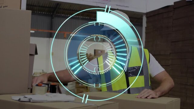 Warehouse packer inspecting box, grabbing tape dispenser, sealing for shipping, HUD tracking hands