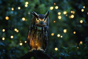 A wise old owl watching a cluster of glowing fireflies below  