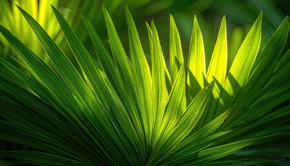 Vibrant Green Palm Fronds Bathed in Golden Sunlight Dew Drops Adorning Leaves Macro Detail
