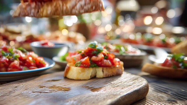 Person hand takes Italian bruschetta with fresh tomatoes and basil on a wooden board