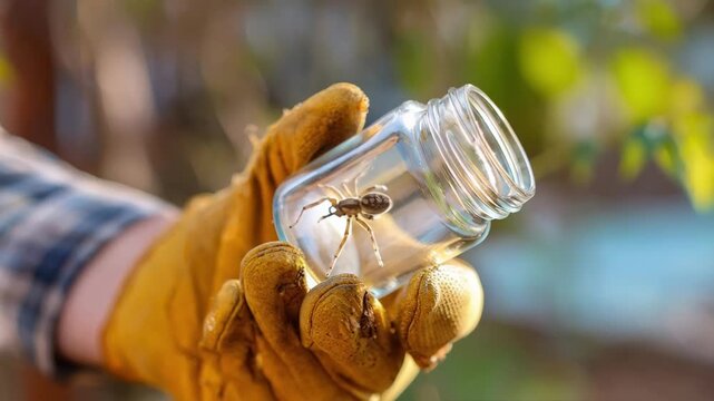 Medium shot of a person wearing gloves carefully capturing a spider in a glass jar to safely relocate it outdoors.