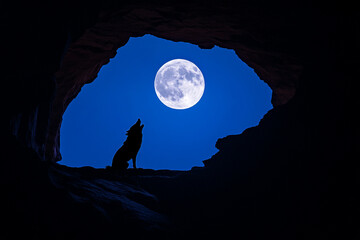 A wolf howling beneath a full moon framed by a natural arch