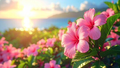 Vibrant Pink Hibiscus Flowers Bloom With Dew Drops In The Morning Sun With A Soft Focus Ocean And Sky Background