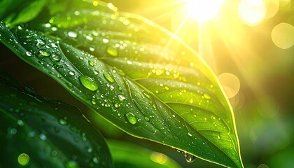 Vibrant green leaf glistening with dew drops catches bright golden sunlight with soft bokeh background