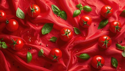 Vibrant Red Cherry Tomatoes and Fresh Green Basil Leaves Scattered Across a Sparkly Red Fabric Surface Illuminated by Studio Lighting