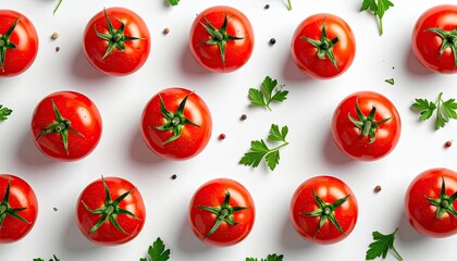 Vibrant Red Tomatoes with Green Parsley Sprigs Arranged in a Grid Pattern on a Clean White Surface with Subtle Seasoning Sprinkles
