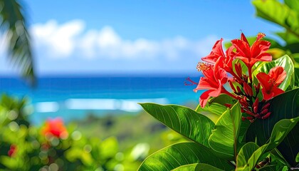 Vibrant Red Hibiscus Flowers Bloom Overlooking a Tropical Ocean Vista Under a Bright Blue Sky with Wispy Clouds
