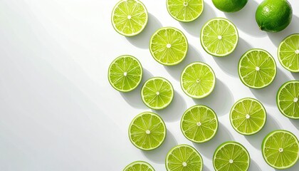 Vibrant Sliced Limes Arranged Artfully on a White Surface with Soft Shadows and Natural Lighting Casting Subtle Hues