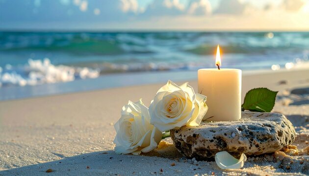 Burning candle and white rose near a stone podium on sea sand beach with wave background.