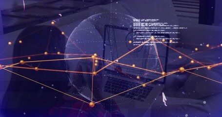 Laptop launching analytics, dotted globe forming, rotating, tech mesh showing code, obscuring user - Powered by Adobe