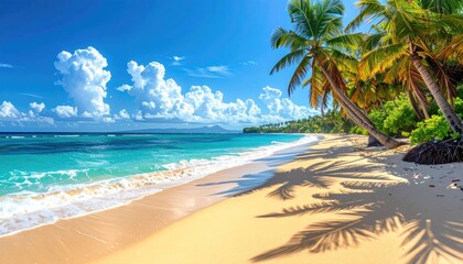 Vibrant Tropical Beach Scene With Palm Trees Under A Bright Blue Sky And Gentle Ocean Waves Illuminated By Golden Sunlight