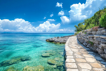 barefoot path leading into crystal-clear ocean water